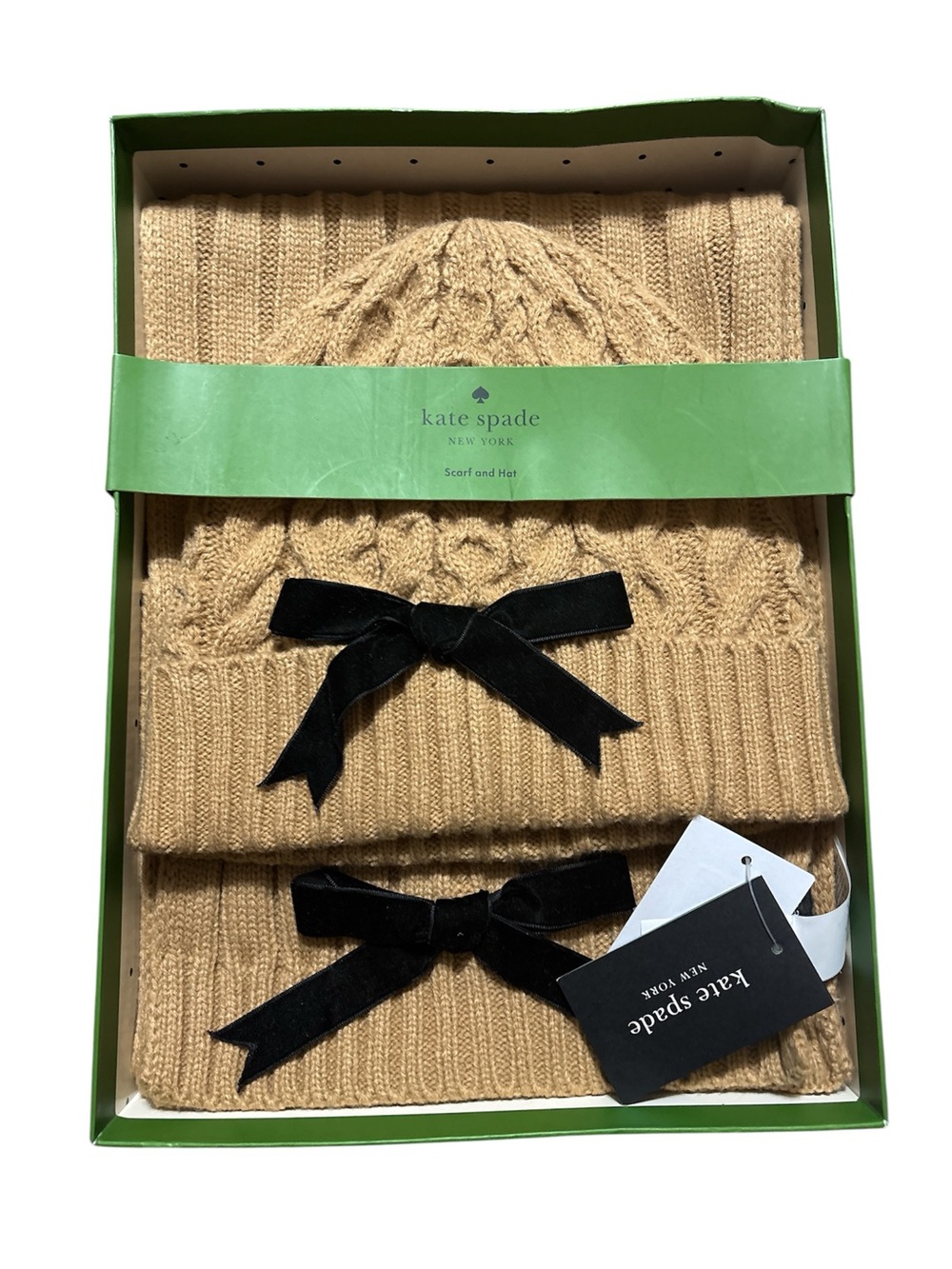Kate Spade New York Camel Cable Knit Scarf & Hat Set